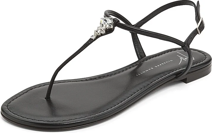 Women's Crystal-Embellished Leather T-Strap Sandals - Nero - Size 7 - Image 3