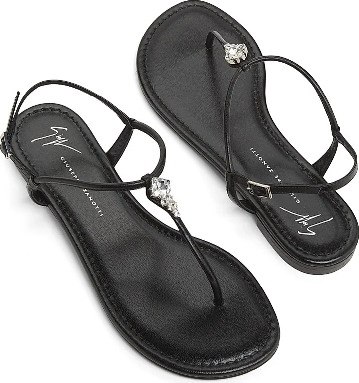 Women's Crystal-Embellished Leather T-Strap Sandals - Nero - Size 7 - Image 4