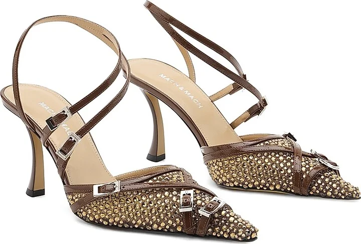 Women's Crystal Net Leather 85MM Heel Sandals - Brown Smoked Topaz - Size 6.5 - Image 2