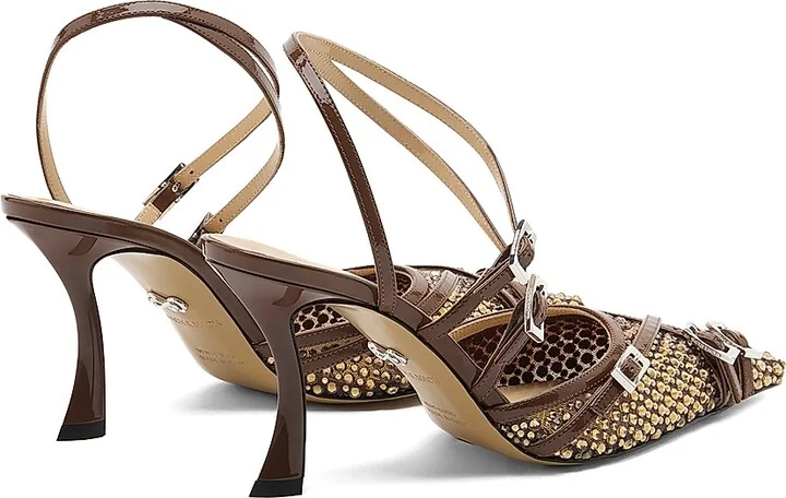 Women's Crystal Net Leather 85MM Heel Sandals - Brown Smoked Topaz - Size 6.5 - Image 3