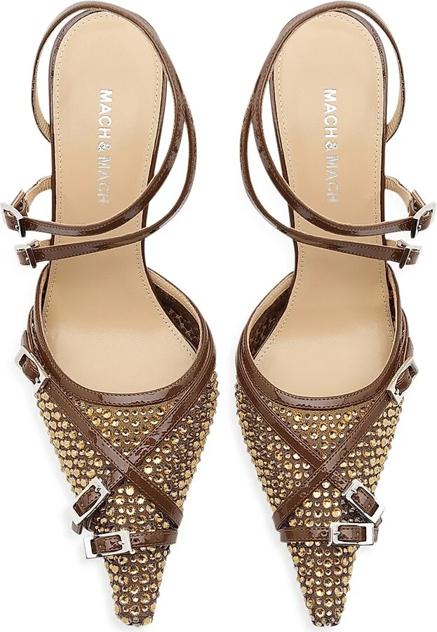 Women's Crystal Net Leather 85MM Heel Sandals - Brown Smoked Topaz - Size 6.5 - Image 4