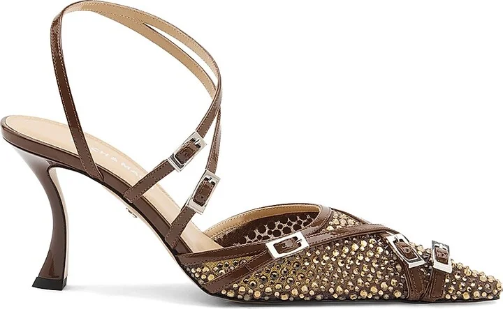 Women's Crystal Net Leather 85MM Heel Sandals - Brown Smoked Topaz - Size 6.5
