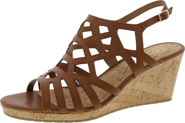 Womens Cut-Out Faux Leather Wedge Sandals