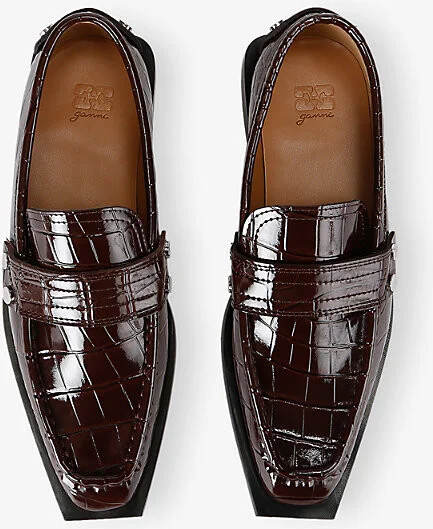 Womens Dark Brown Stud-Embellished Crocodile-Embossed Faux-Leather Loafers Eur 39 / 6 Uk Women - Image 2