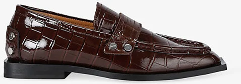Womens Dark Brown Stud-Embellished Crocodile-Embossed Faux-Leather Loafers Eur 39 / 6 Uk Women