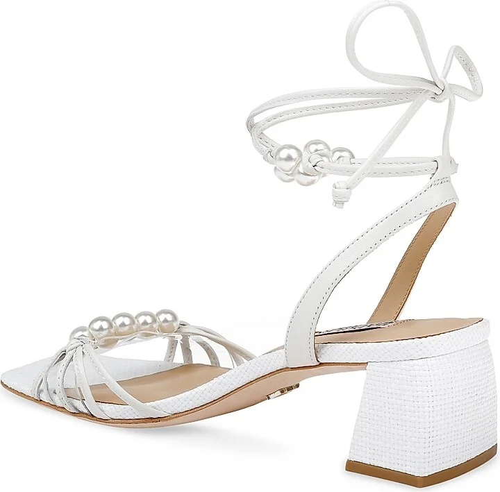 Women's Deja Imitation Pearl-Embellished Leather Ankle-Wrap Sandals - White - Size 6 - Image 3