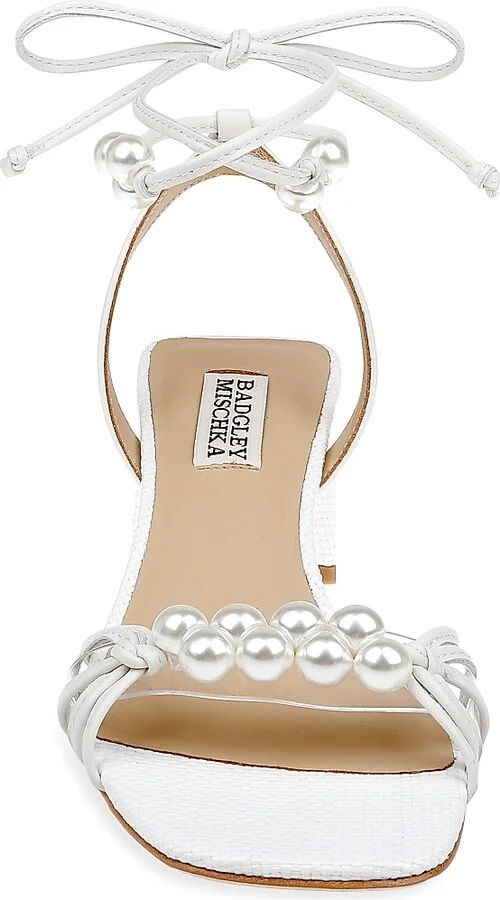Women's Deja Imitation Pearl-Embellished Leather Ankle-Wrap Sandals - White - Size 6 - Image 4