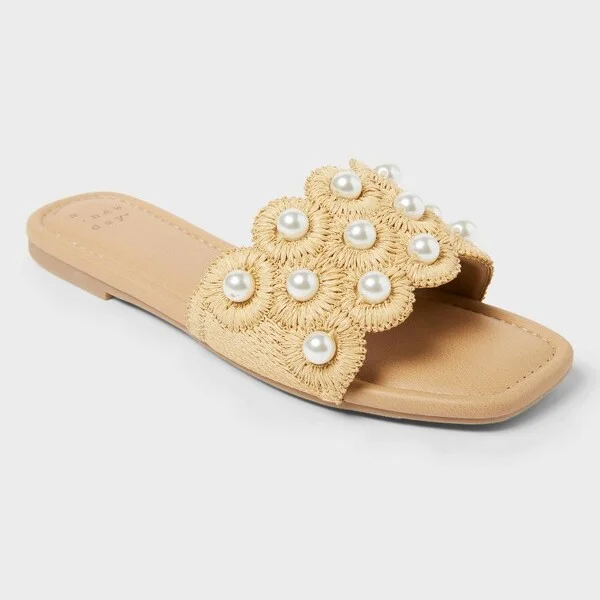 Women's Delaney Ornament Slide Sandals with Memory Foam Insole - A New Day™ Tan : Open Toe, Raffia Upper