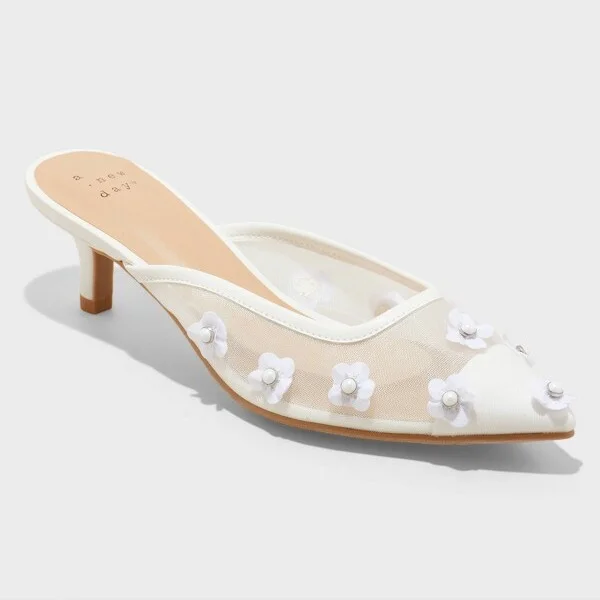Women's Delilah Mesh Floral Mule Heels - A New Day™ White : Slip-On, Memory Foam Insole, Pointed Toe, Louis Heel