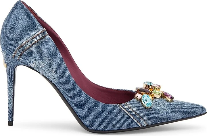 Women's Denim 90MM Jewel-Embellished Pumps - Denim - Size 6