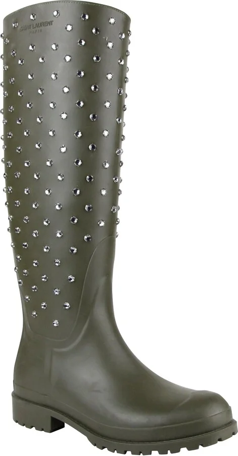 Women's Diamond Studs Olive Green Rubber Rain Boots(36 EU / 6 US)