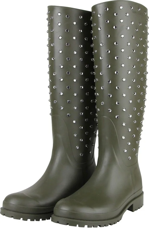 Women's Diamond Studs Olive Green Rubber Rain Boots - Image 2
