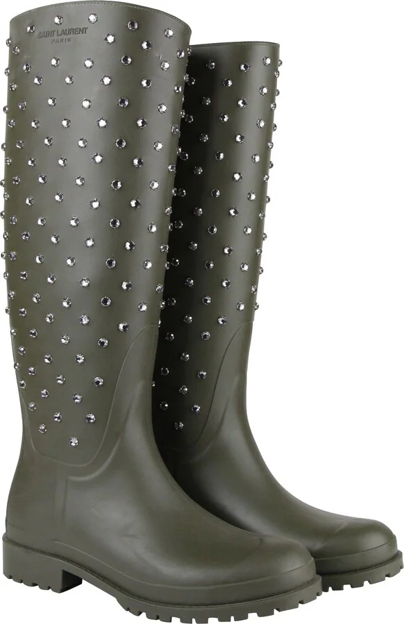 Women's Diamond Studs Olive Green Rubber Rain Boots - Image 4
