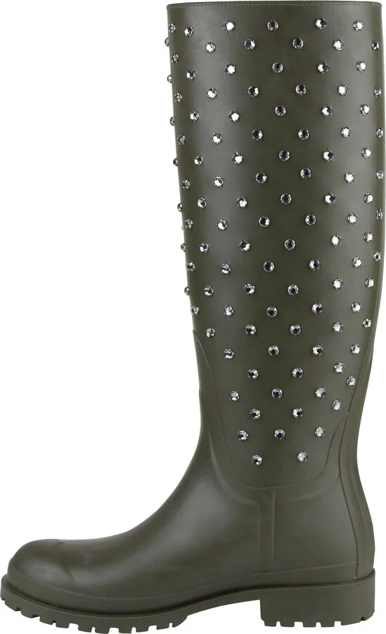 Women's Diamond Studs Olive Green Rubber Rain Boots - Image 7