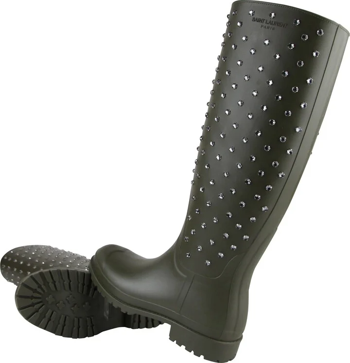 Women's Diamond Studs Olive Green Rubber Rain Boots - Image 9