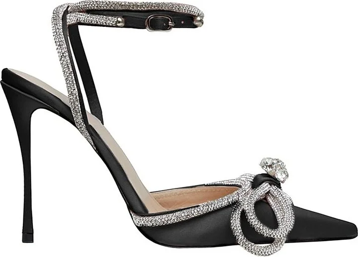 Women's Double Bow 110MM Silk Satin Pumps - Black - Size 8.5