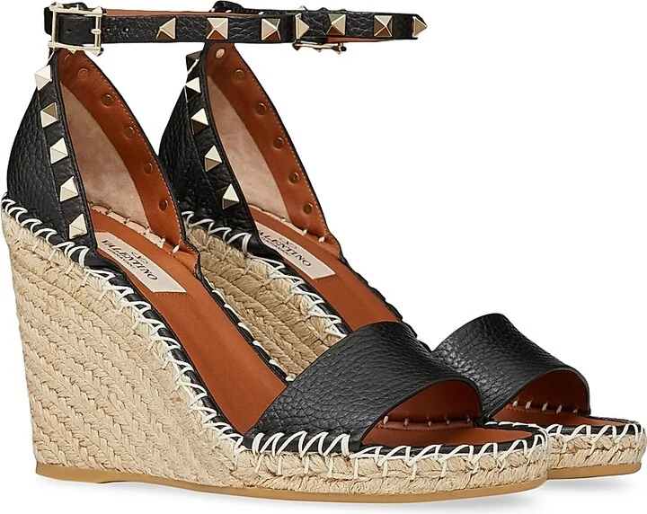 Women's Double Rockstud Grainy Calfskin Wedges 105MM - Black Light Cuir - Size 6 - Image 2