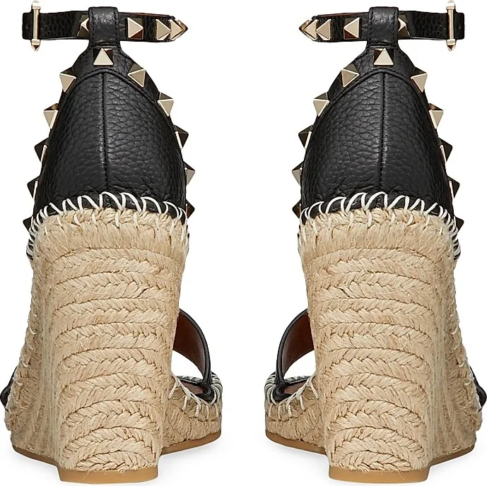 Women's Double Rockstud Grainy Calfskin Wedges 105MM - Black Light Cuir - Size 6 - Image 3