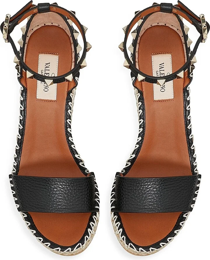 Women's Double Rockstud Grainy Calfskin Wedges 105MM - Black Light Cuir - Size 6 - Image 4