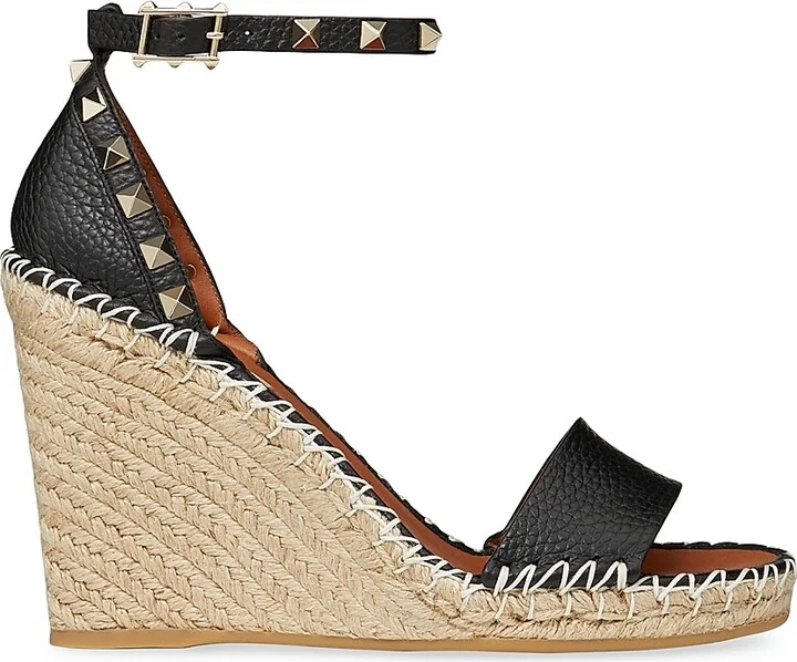 Women's Double Rockstud Grainy Calfskin Wedges 105MM - Black Light Cuir - Size 6