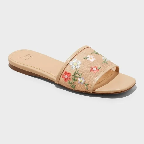 Women's Elain Floral Embroidered Mesh Slide Sandals with Memory Foam Insole - A New Day™ : Open Toe, Slip On
