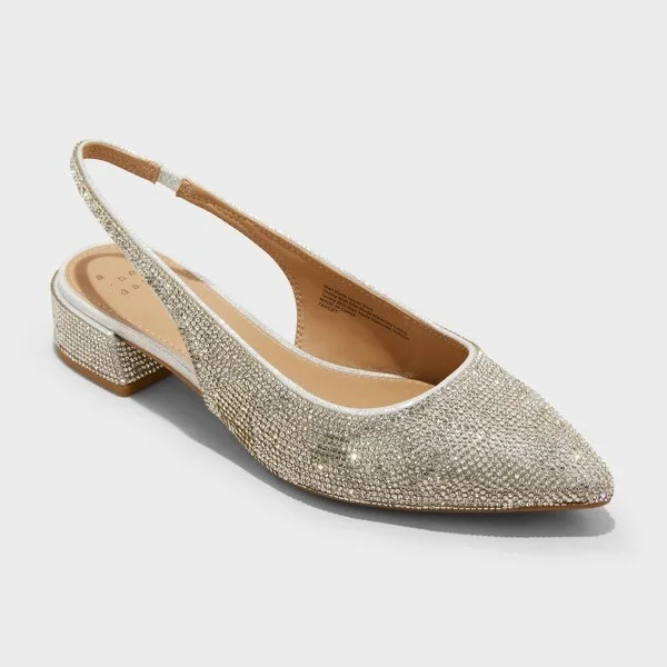 Women's Elle Rhinestone Slingback Pointed Toe Heels - A New Day™ Silver : Cushioned Insole, Block Heel