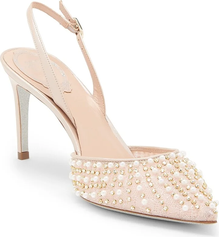 Women's Embellished 80MM Lace Slingback Pumps - Beige Crystal - Size 6.5 - Image 2