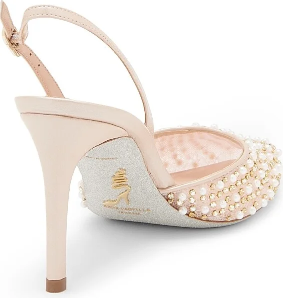 Women's Embellished 80MM Lace Slingback Pumps - Beige Crystal - Size 6.5 - Image 3