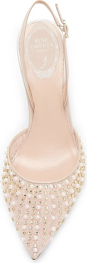 Women's Embellished 80MM Lace Slingback Pumps - Beige Crystal - Size 6.5 - Image 4