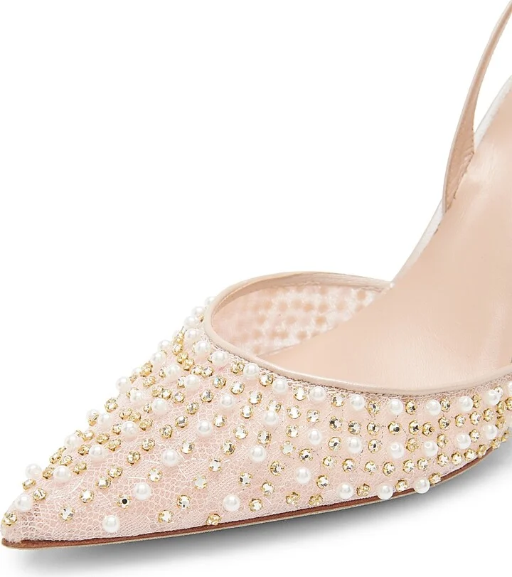 Women's Embellished 80MM Lace Slingback Pumps - Beige Crystal - Size 6.5 - Image 5