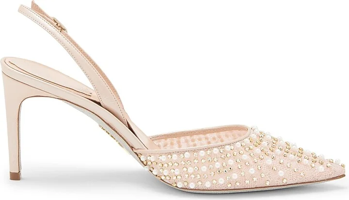 Women's Embellished 80MM Lace Slingback Pumps - Beige Crystal - Size 6.5