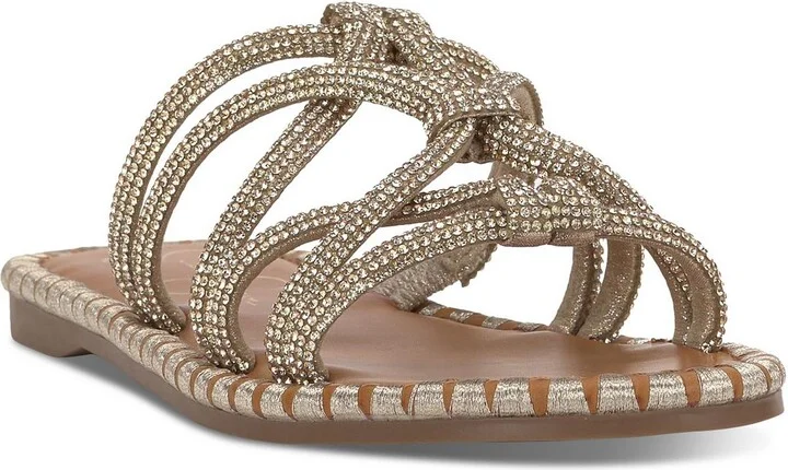 Womens Embellished Faux Leather Slide Sandals