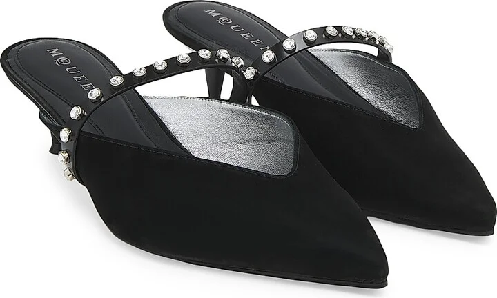 Women's Embellished Leather 40MM Mules - Black Silver - Size 6 - Image 2