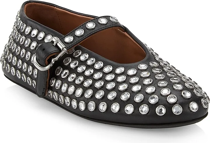 Women's Embellished Leather Mary Jane Flats - Noir - Size 5.5 - Image 2