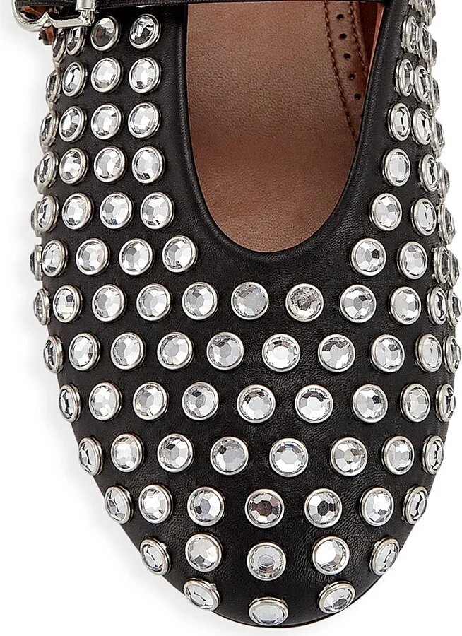Women's Embellished Leather Mary Jane Flats - Noir - Size 5.5 - Image 4