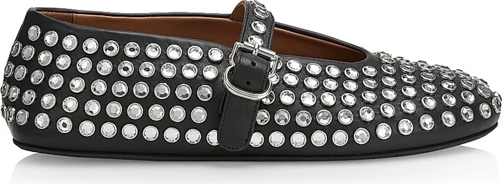 Women's Embellished Leather Mary Jane Flats - Noir - Size 5.5