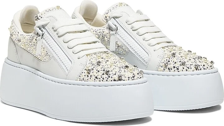 Women's Embellished Leather Platform Sneakers - Bianco - Size 6.5 - Image 2