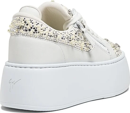 Women's Embellished Leather Platform Sneakers - Bianco - Size 6.5 - Image 3