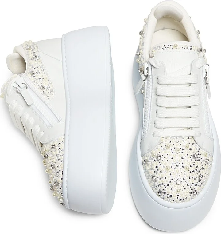 Women's Embellished Leather Platform Sneakers - Bianco - Size 6.5 - Image 4