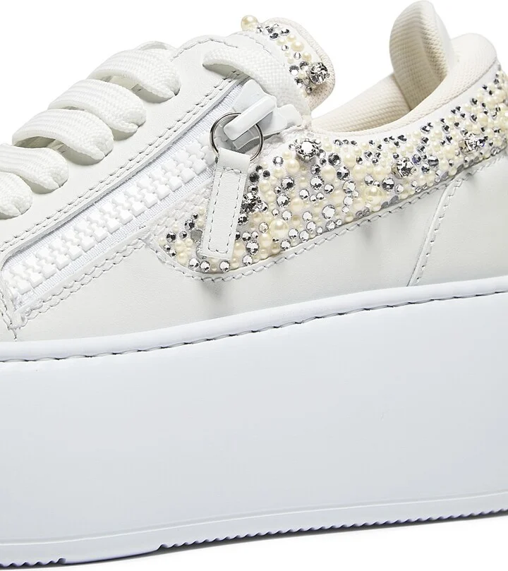 Women's Embellished Leather Platform Sneakers - Bianco - Size 6.5 - Image 5