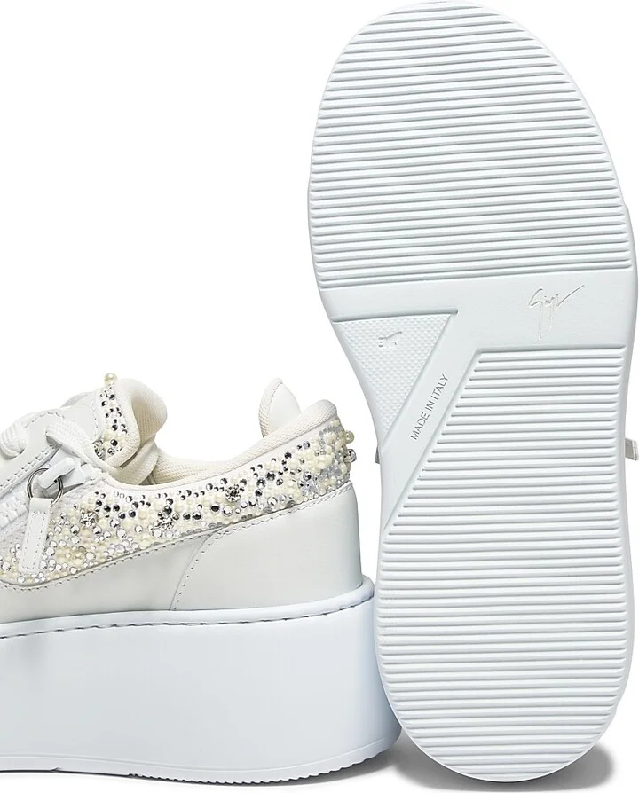 Women's Embellished Leather Platform Sneakers - Bianco - Size 6.5 - Image 6