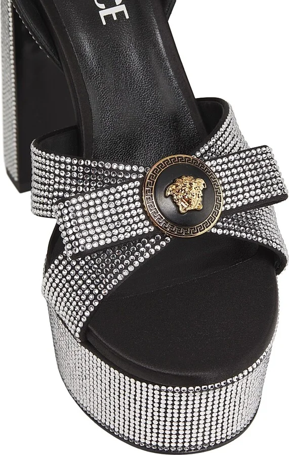 Women's Embellished Platform Sandals - Black Crystal Versace Gold - Size 6 - Image 4