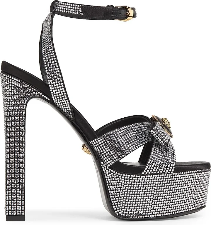 Women's Embellished Platform Sandals - Black Crystal Versace Gold - Size 6