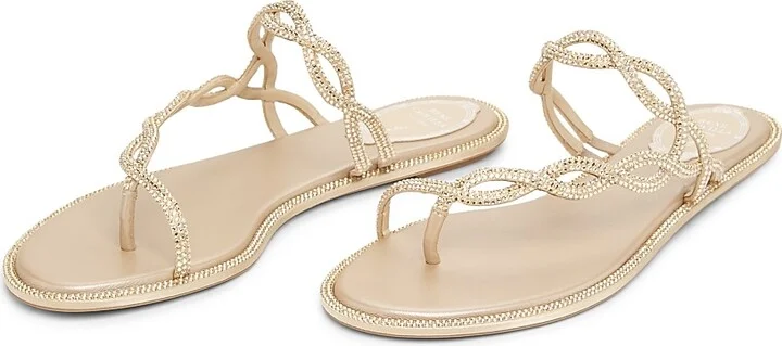 Women's Embellished Satin Flat Sandals - Beige Satin - Size 6 - Image 2