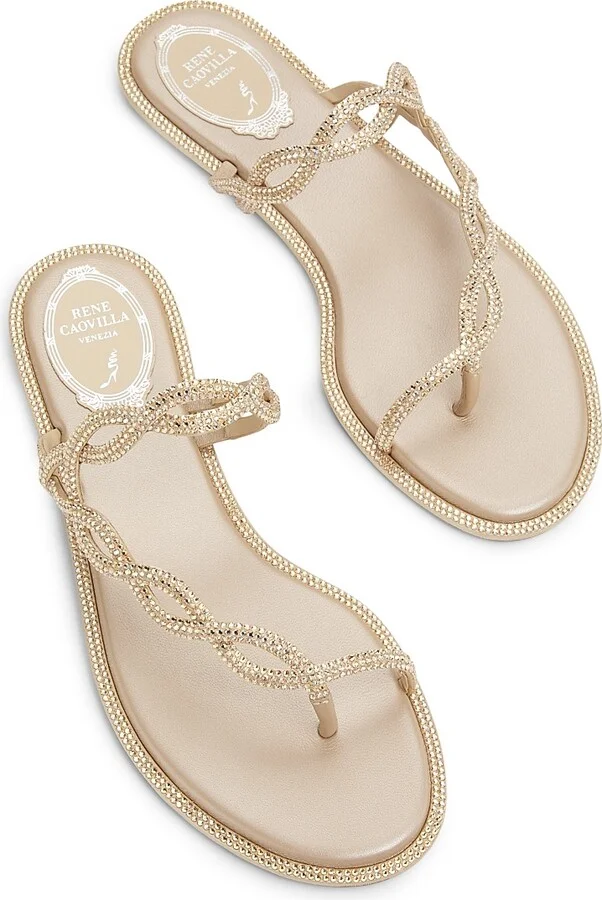 Women's Embellished Satin Flat Sandals - Beige Satin - Size 6 - Image 4