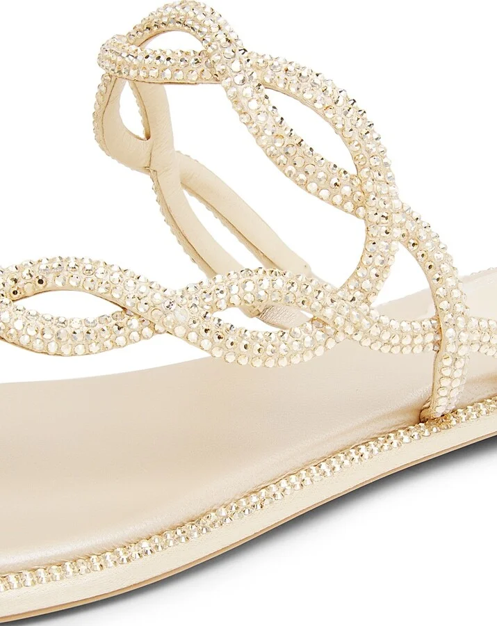 Women's Embellished Satin Flat Sandals - Beige Satin - Size 6 - Image 5