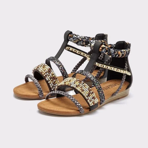Women's Embellished Strappy Sandals - LASCANA - Black Solid