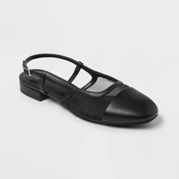 Women's Evelyn Mesh Slingback Ballet Flats - A New Day™ Black : Cushioned Insole, Block Heel, Faux Leather