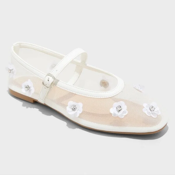Women's Everly Mesh Floral Mary Jane Ballet Flats - A New Day™ : Solid Almond Toe, Instep Strap, Flocked Outsole