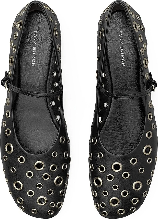 Women's Eyelet Leather Mary Jane Ballet Flats - Perfect Black - Size 10.5 - Image 2